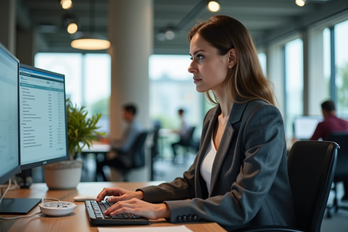 Comptable en immobilier travaillant sur un logiciel de gestion avec un clavier d'alarme posé sur son bureau en open space