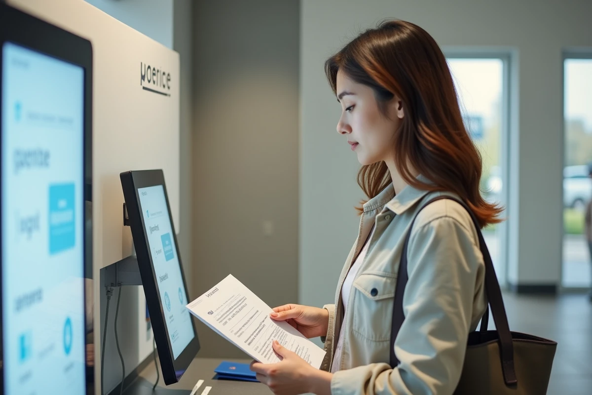 Une jeune femme étrangère consultant ses documents pour ouvrir un compte bancaire en France à un kiosque bancaire