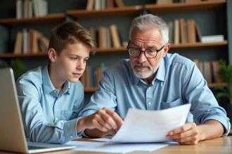 Père et fils adolescent examinant ensemble des documents financiers pour ouvrir un compte-titres