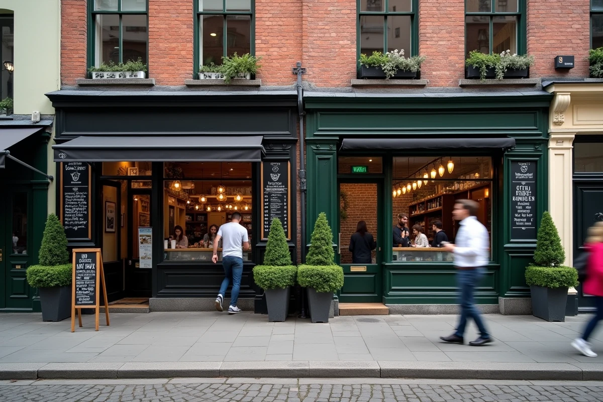 Deux cafés indépendants côte à côte dans une rue commerçante urbaine, symbolisant la concurrence entre commerces locaux