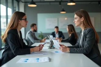 Deux professionnelles en compétition lors d'une réunion d'affaires dans un bureau moderne, illustrant la concurrence sur le marché