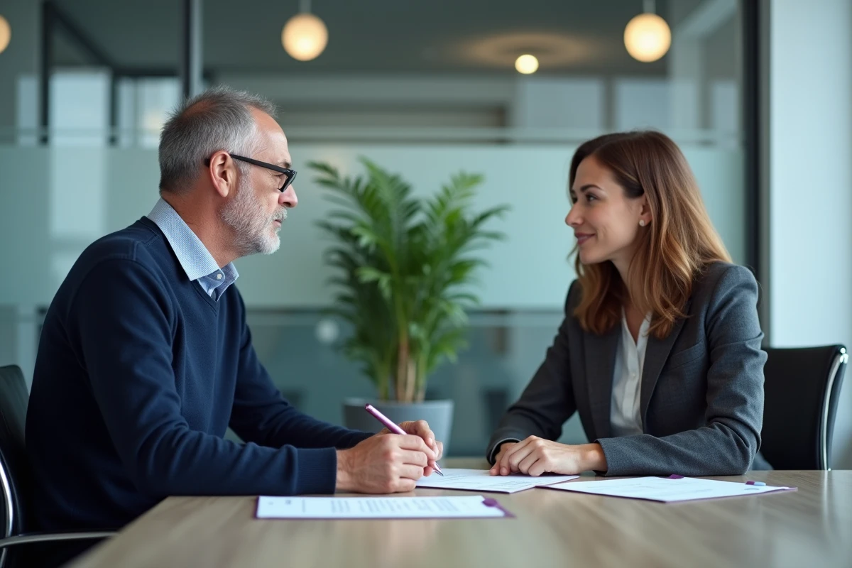 Consultation entre un client et une conseillère en assurance pour souscrire une double mutuelle santé