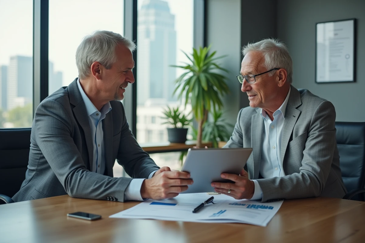 Homme et conseiller financier discutant d'un contrat d'assurance vie dans un bureau professionnel