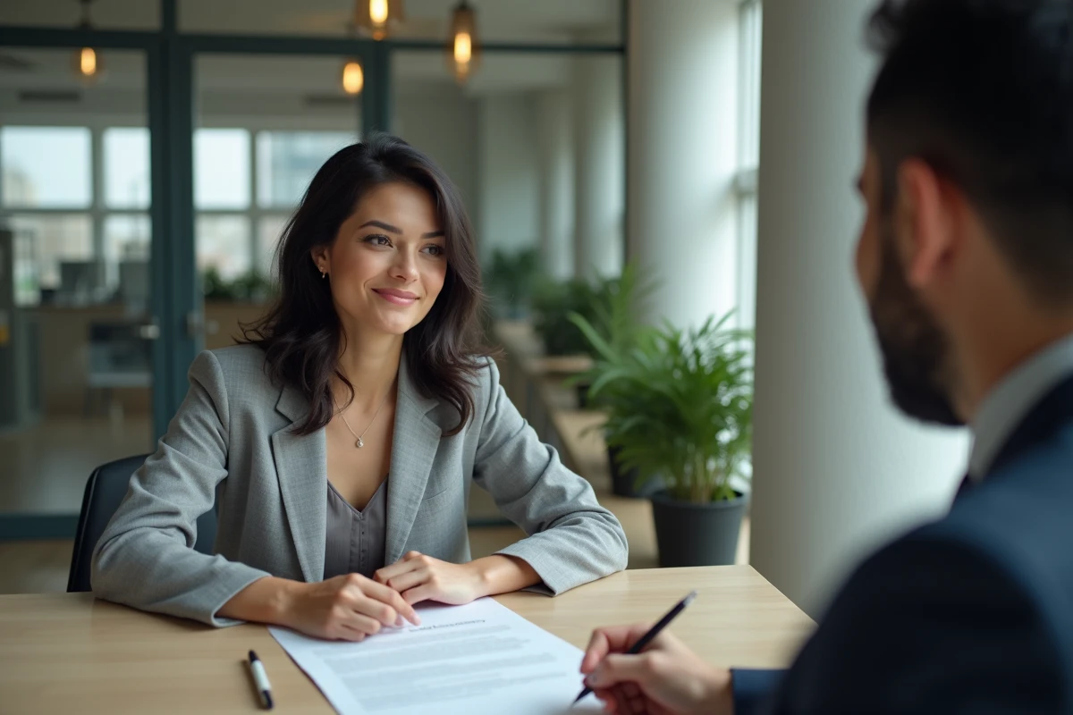 Femme discutant des taux d'intérêt d'un prêt avec un conseiller bancaire dans une agence moderne