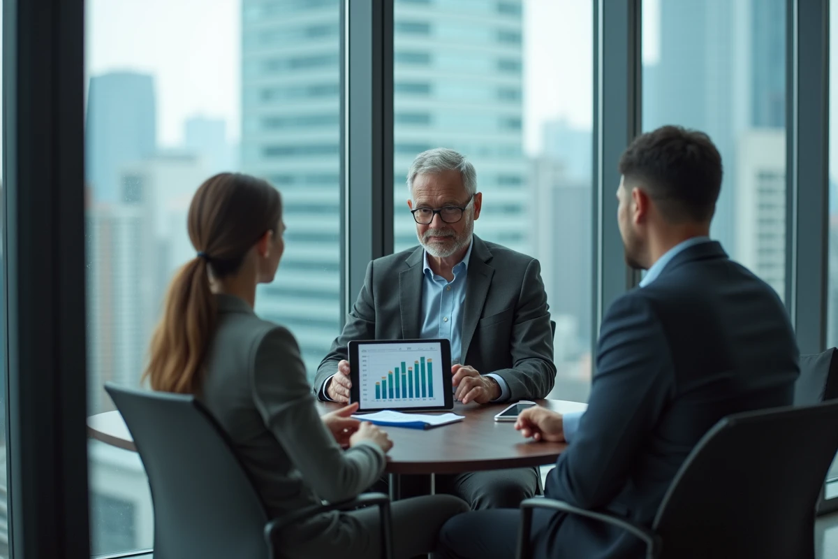 Conseiller financier présentant un placement en assurance vie à un couple dans une banque moderne