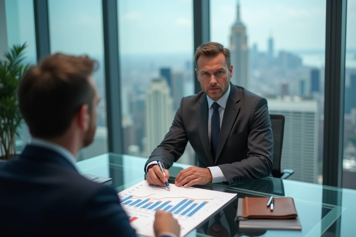Conseiller financier présentant une projection de rente mensuelle de 10 000 dollars à un client dans un bureau professionnel