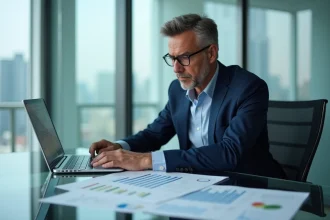 Conseiller financier analysant des documents de restructuration financière dans un bureau moderne