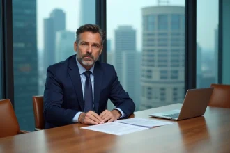 Conseiller financier examinant des documents de restructuration de dette dans un bureau d'entreprise moderne