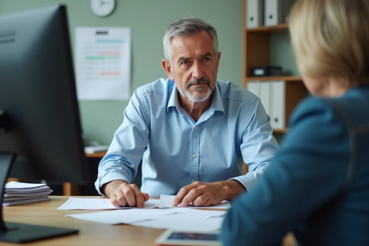 Conseiller Pôle emploi discutant de la durée d'indemnisation chômage avec un demandeur d'emploi