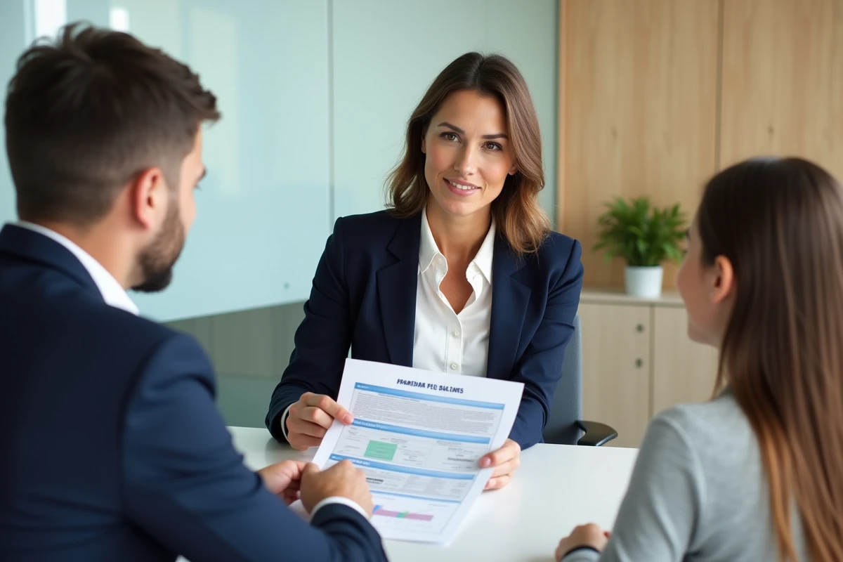 Conseillère financière présentant les aides et subventions gouvernementales pour une construction neuve à une jeune famille