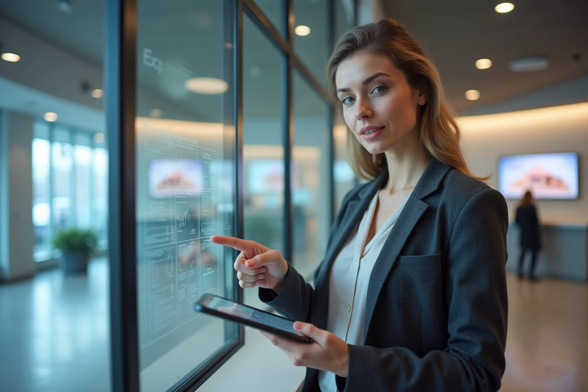 Conseillère bancaire présentant un financement immobilier sur tablette dans une agence moderne
