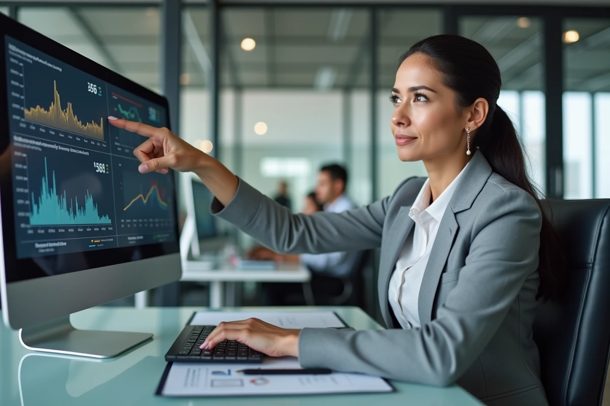 Conseillère financière analysant des graphiques de projection de rente PEA sur deux écrans en bureau professionnel