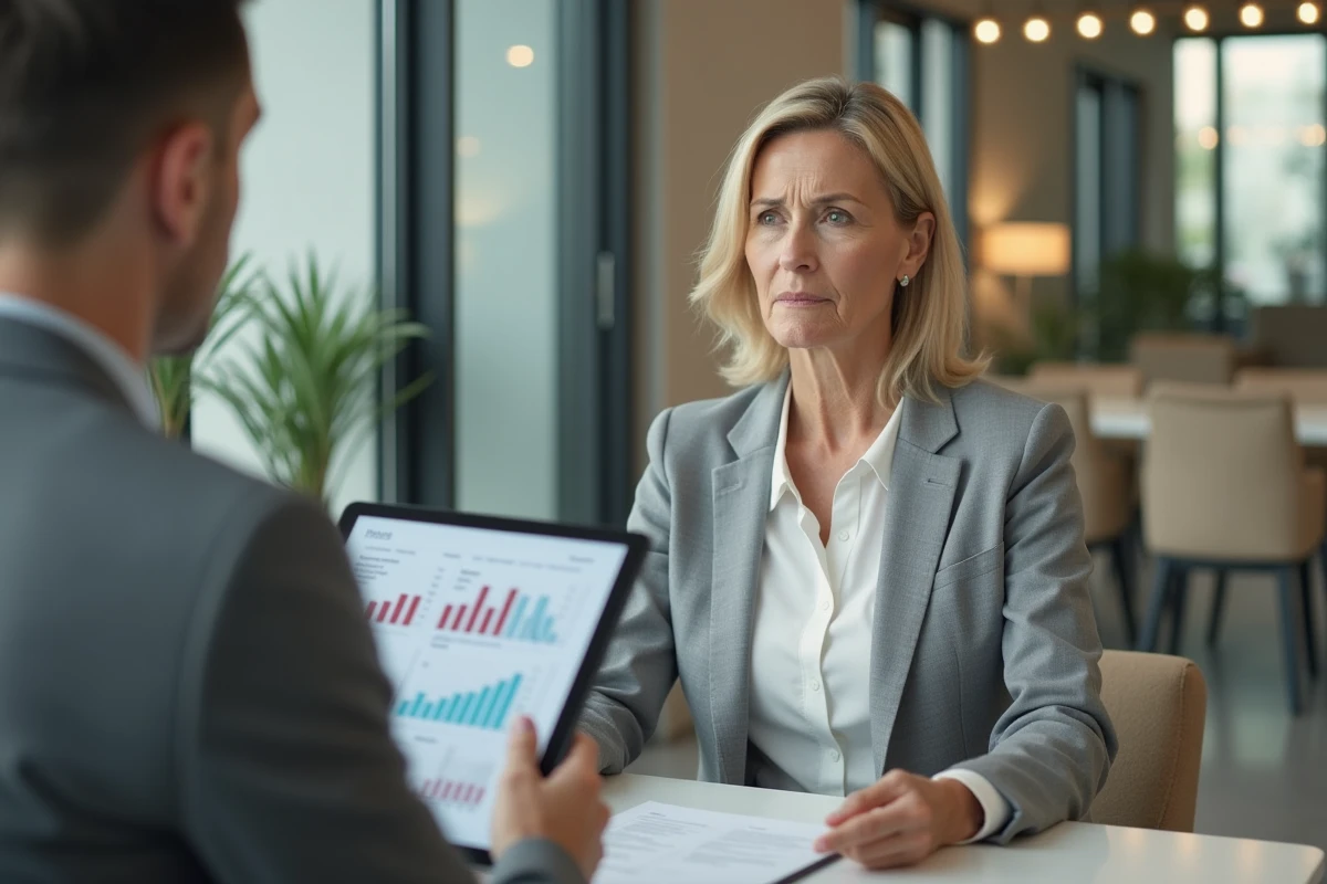 Femme consultant un conseiller financier pour évaluer les risques de son contrat d'assurance vie