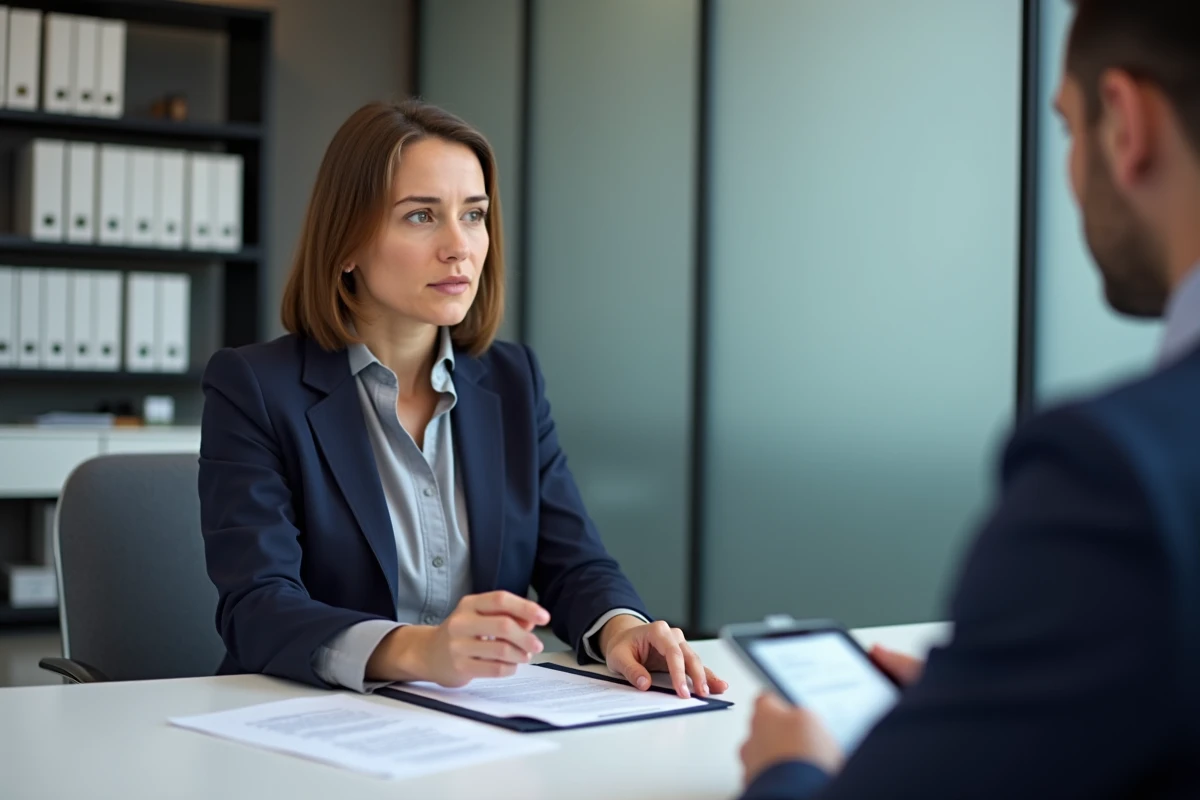 Femme consultant un conseiller financier dans un bureau professionnel pour trouver des solutions à ses dettes