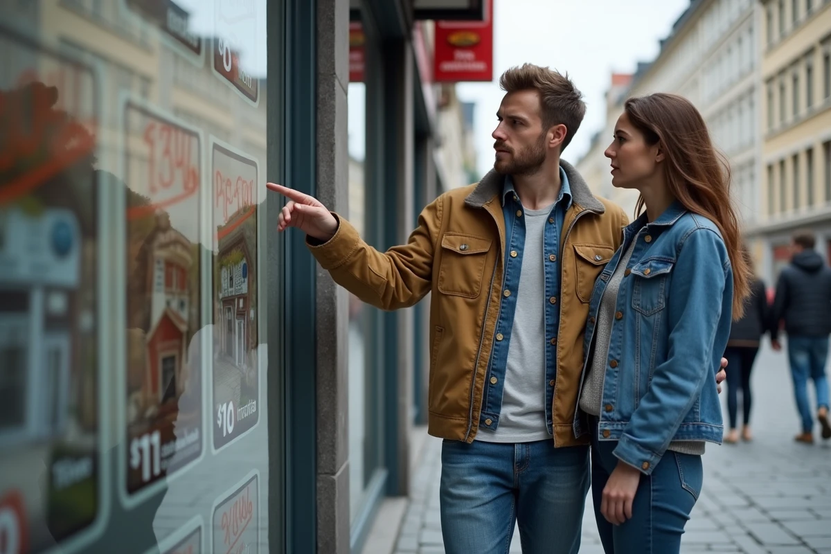 Jeune couple préoccupé devant une vitrine d'agence immobilière, symbolisant l'impact de l'inflation sur l'accès au logement et l'économie