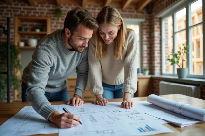 Couple étudiant des plans de construction et des documents d'aide financière pour une maison neuve en 2026
