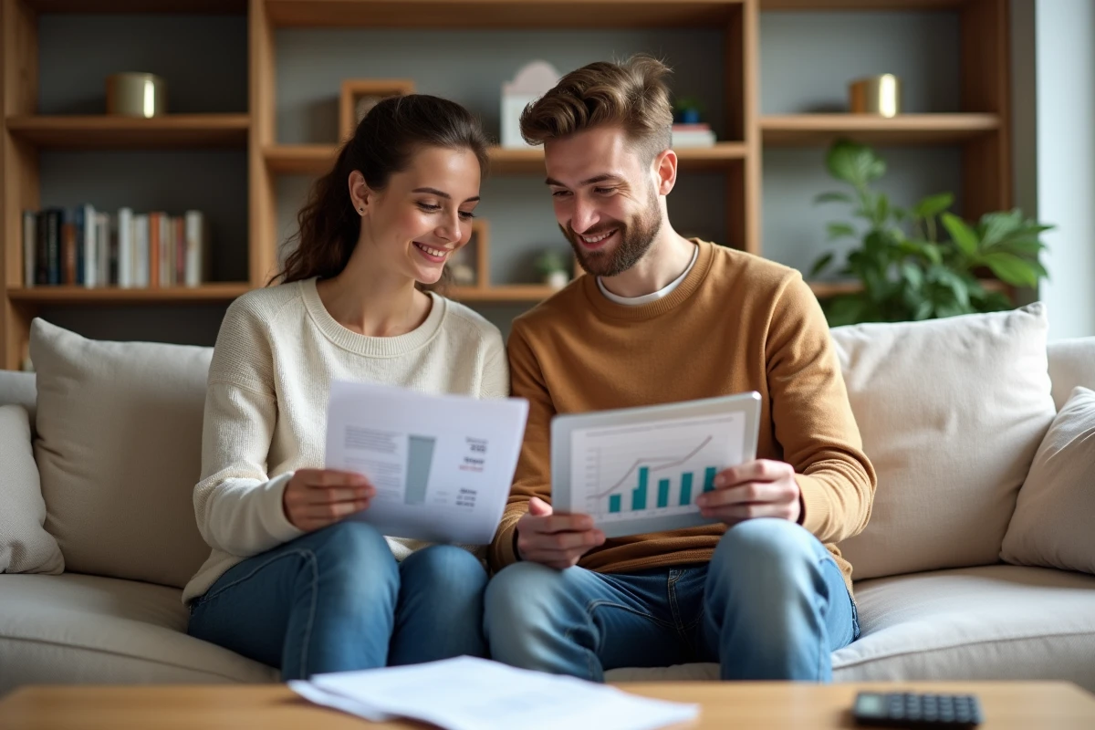 Couple jeune planifiant ensemble leur budget mensuel avec une tablette et des documents sur un canapé dans un salon moderne