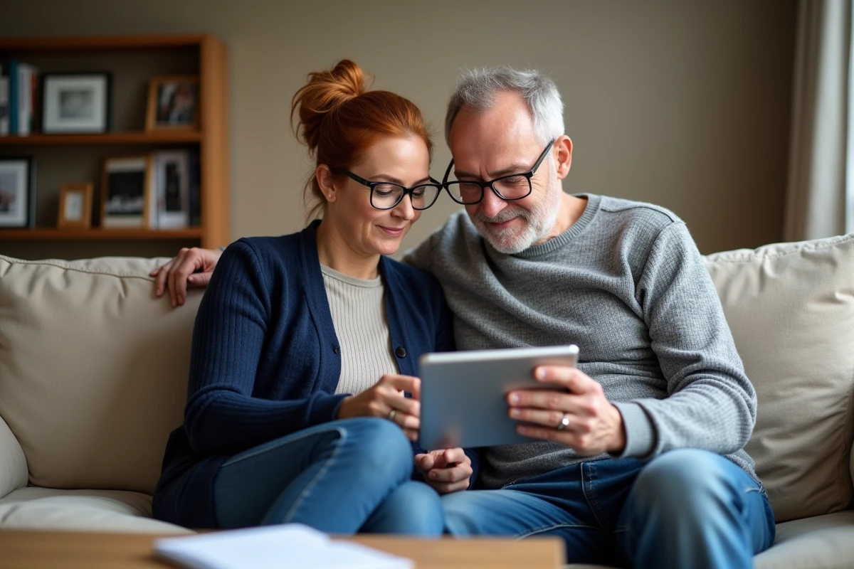 Couple de quinquagénaires consultant une calculatrice de retraite sur une tablette dans leur salon pour estimer leur pension future