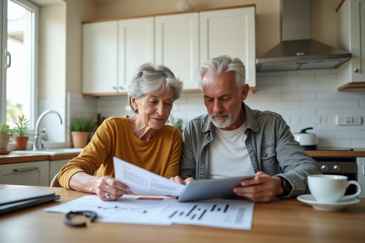 Couple à la retraite calculant ensemble la rente de leur PEA avec un relevé imprimé et une tablette sur une table de cuisine