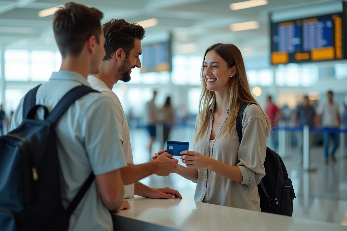 Couple utilisant une carte American Express au comptoir d'enregistrement d'un aéroport