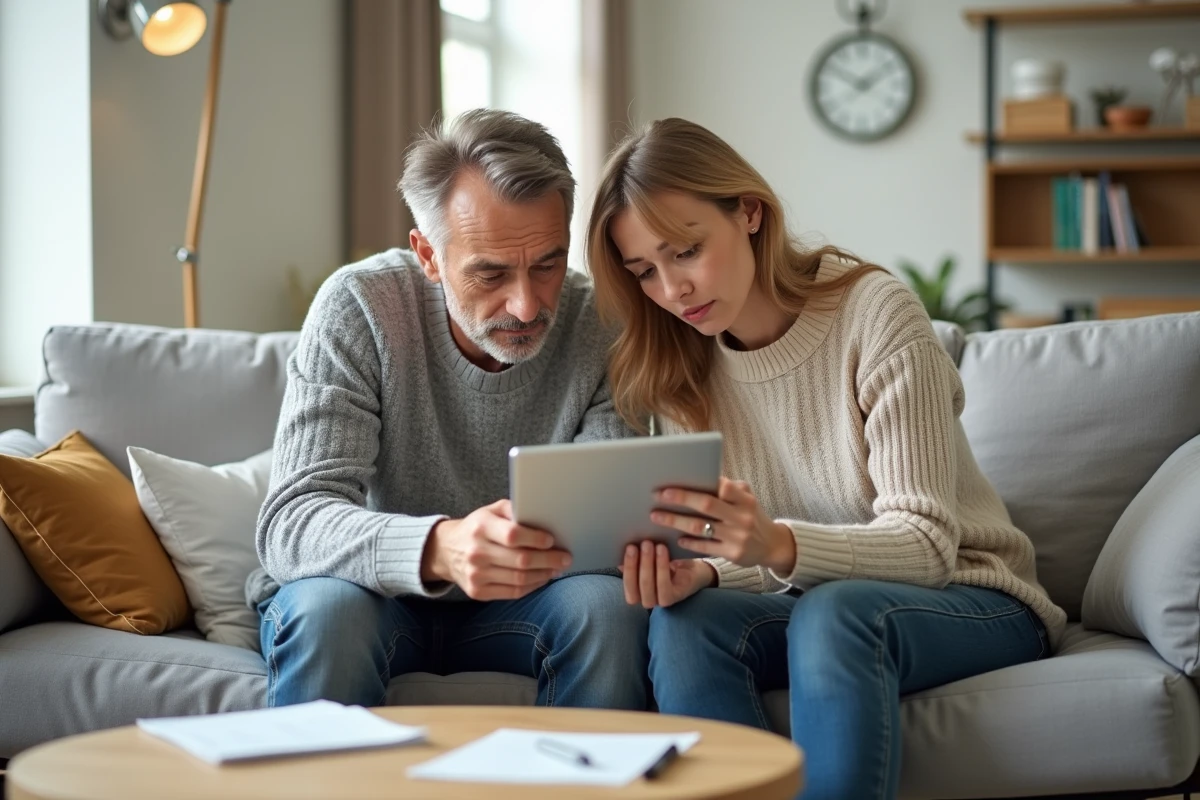 Couple consultant une tablette numérique pour comparer deux mutuelles santé dans leur salon