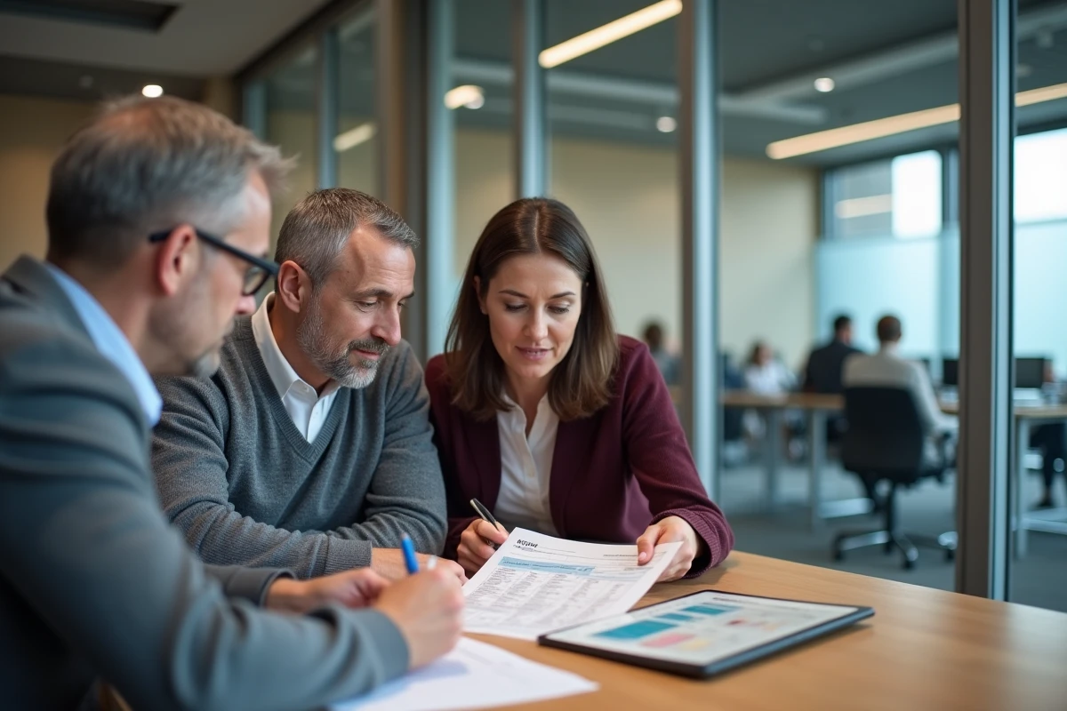 Couple discutant des taux d'assurance emprunteur avec un conseiller bancaire