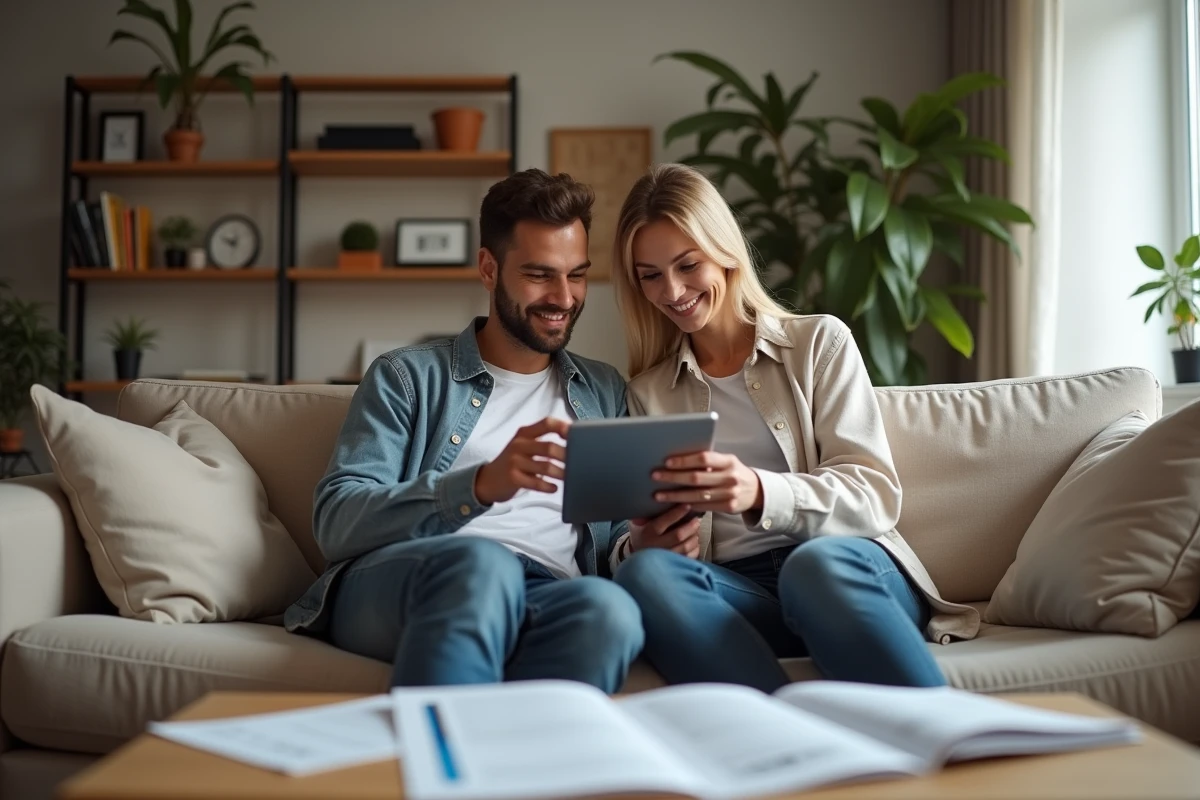 Couple étudiant un dossier de crédit immobilier avec un salaire combiné de 2500 euros par mois