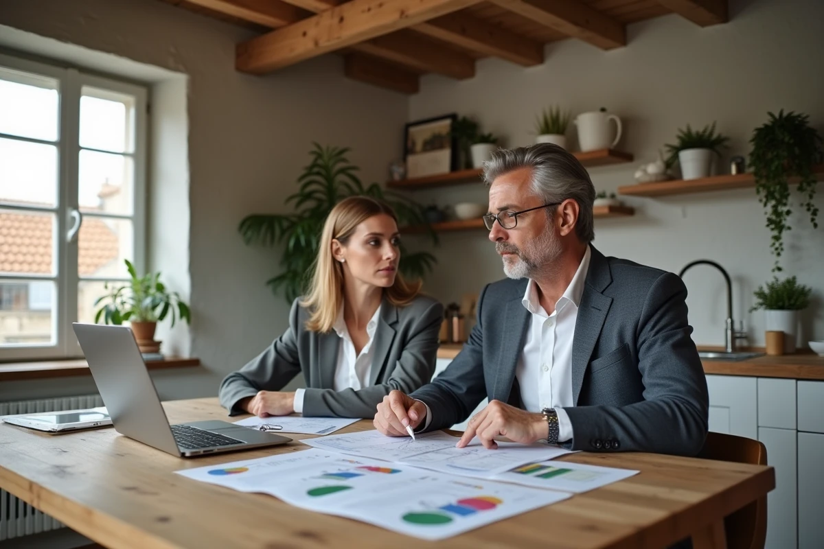 Couple étudiant les prix de l'immobilier sur des documents et un ordinateur portable dans un appartement moderne