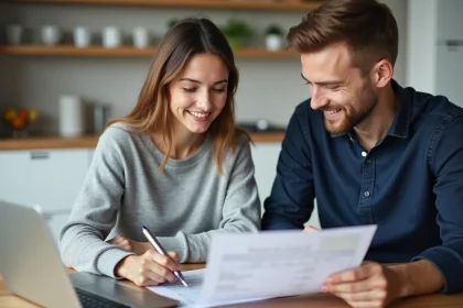 Couple étudiant les mensualités d'un prêt de 50 000 euros à la maison
