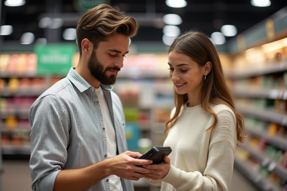 Couple effectuant un paiement sans contact avec une carte de crédit cashback à la caisse d'un supermarché