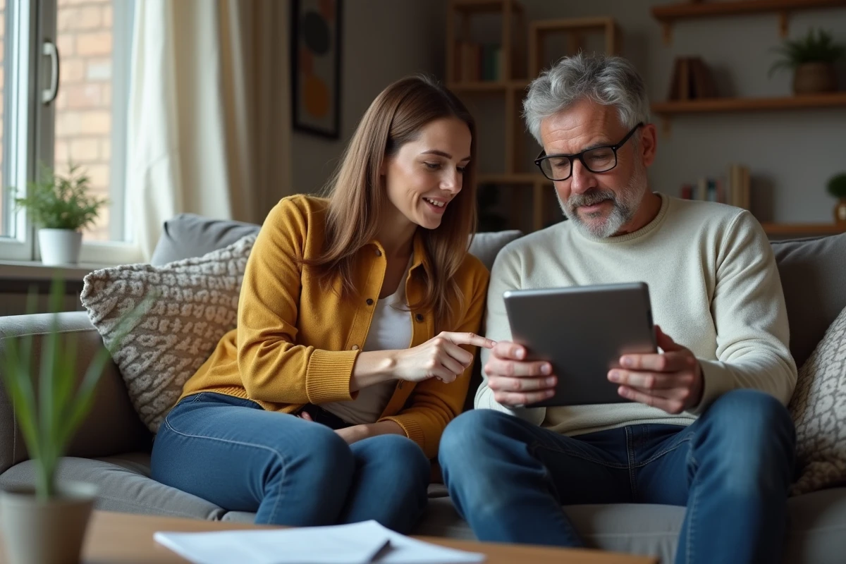 Couple consultant un calculateur de remboursement de dettes sur tablette pour décider entre la méthode avalanche et la méthode boule de neige