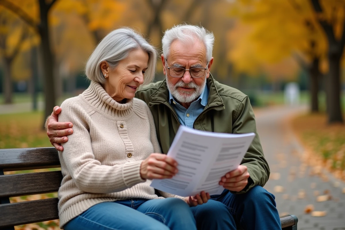Couple de la cinquantaine consultant une brochure sur l'épargne retraite dans un parc en automne