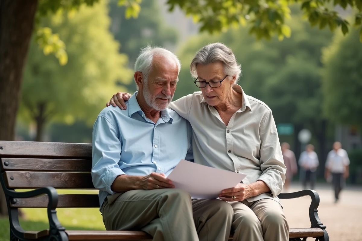 Couple de retraités de 67 ans consultant leurs droits à la retraite à taux plein dans un parc