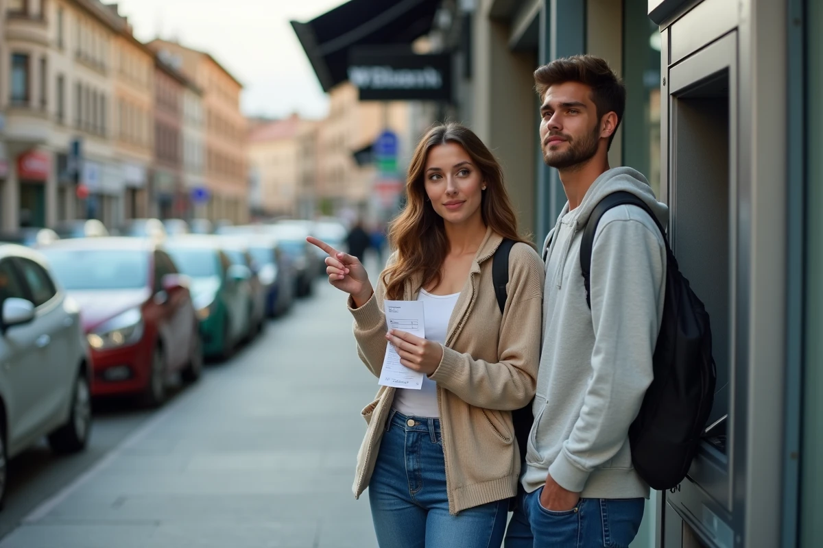 Couple vérifiant un reçu de virement bancaire devant un distributeur automatique en ville