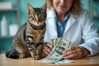 Chatte tigrée posée sur une table de consultation vétérinaire avec des billets de dollars américains, illustrant le coût de possession d'un chat