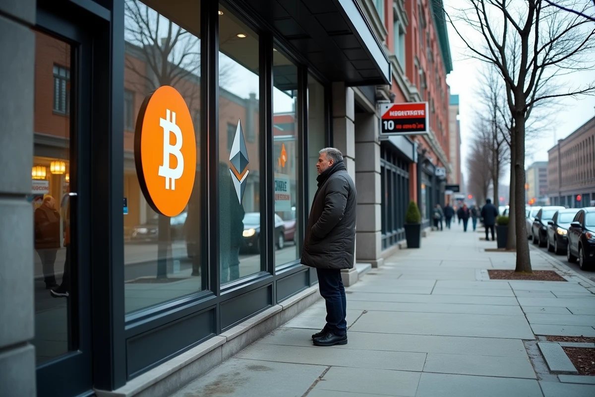 Devanture d'un bureau d'échange de cryptomonnaies dans un quartier financier canadien en automne