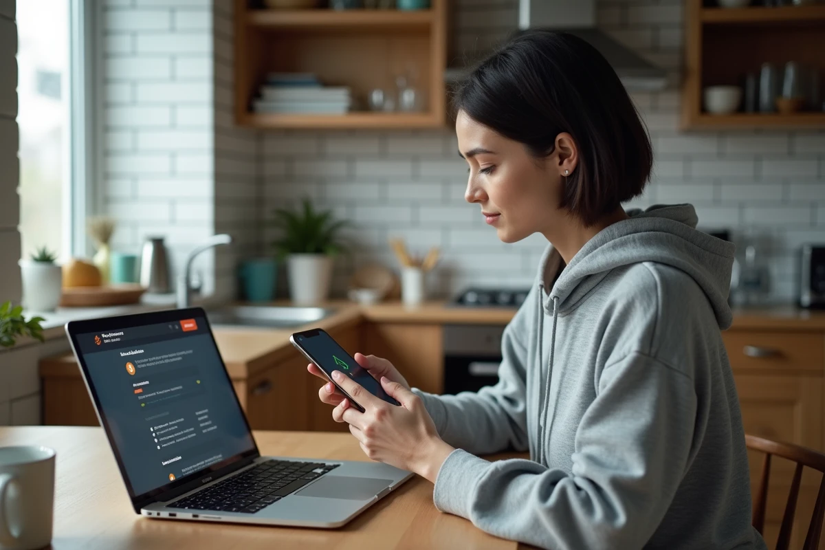 Femme canadienne consultant les réglementations sur les cryptomonnaies sur son téléphone et ordinateur portable à la maison
