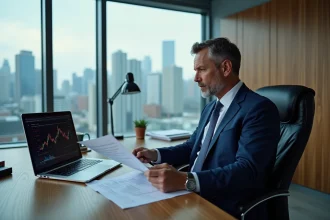 Professionnel canadien analysant des documents de réglementation financière liés aux cryptomonnaies dans un bureau d'entreprise