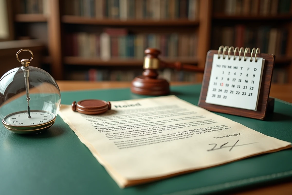 Documents officiels notariaux avec calendrier et chronomètre symbolisant le délai légal de versement de fonds