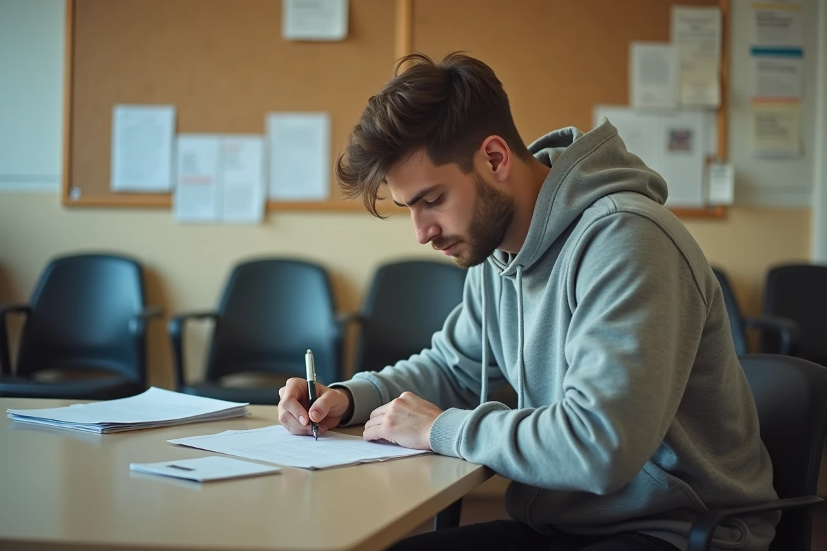 Un jeune homme remplit un formulaire de demande d'aide juridictionnelle dans un bureau d'accès au droit municipal