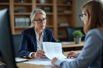 Femme discutant d'une demande de rachat de trimestres de retraite avec un conseiller dans un bureau administratif