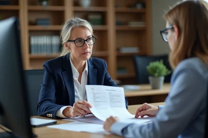 Femme discutant d'une demande de rachat de trimestres de retraite avec un conseiller dans un bureau administratif