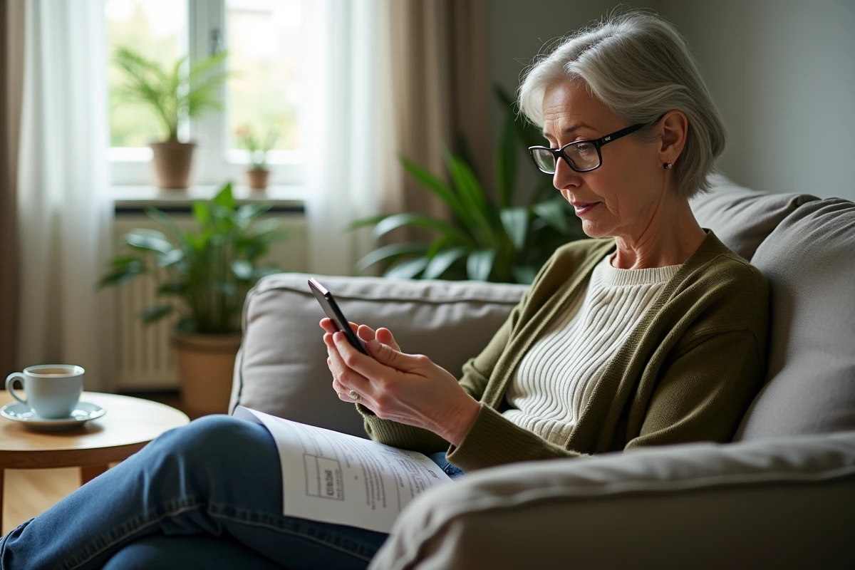 Femme remplissant une demande de remboursement assurance en ligne sur son smartphone