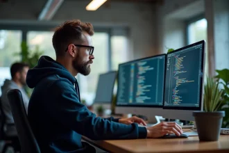 Développeur analysant des données blockchain Ethereum sur plusieurs écrans dans un bureau moderne