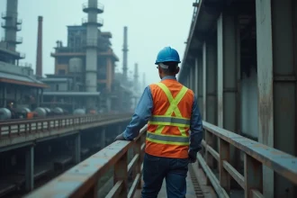 Directeur d'usine industrielle regardant une installation de production soumise à la taxe carbone en France