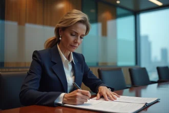 Une directrice de banque centrale examine des documents financiers lors d'une réunion officielle sur les taux d'intérêt