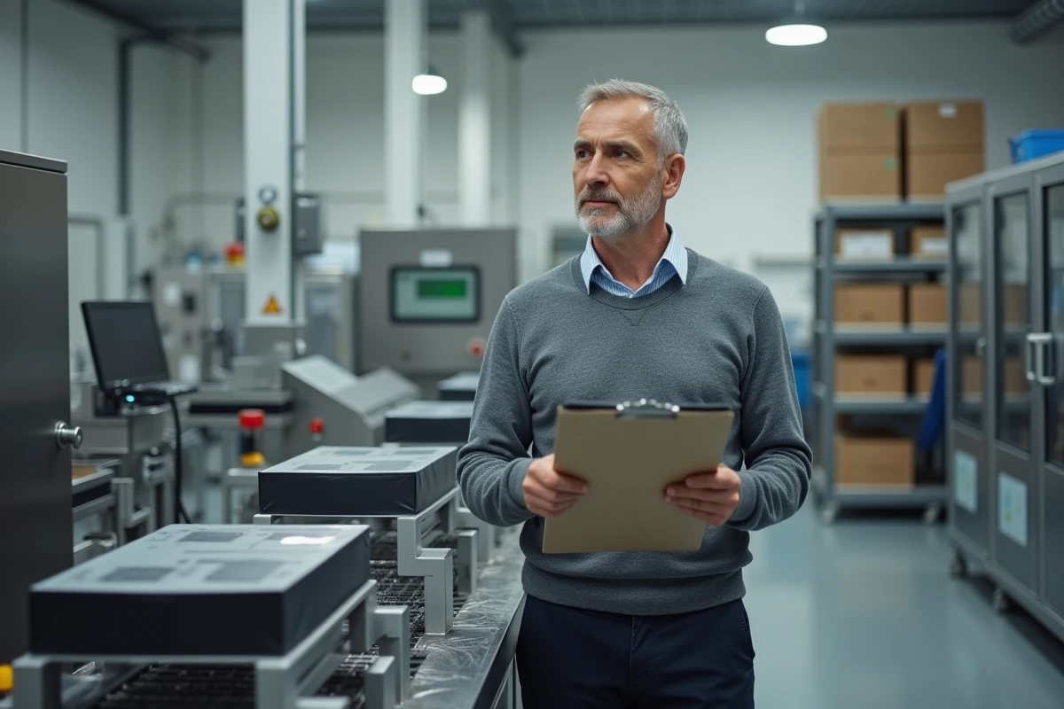 Dirigeant d'entreprise inspectant la qualité d'un produit sur une chaîne de production industrielle propre et organisée