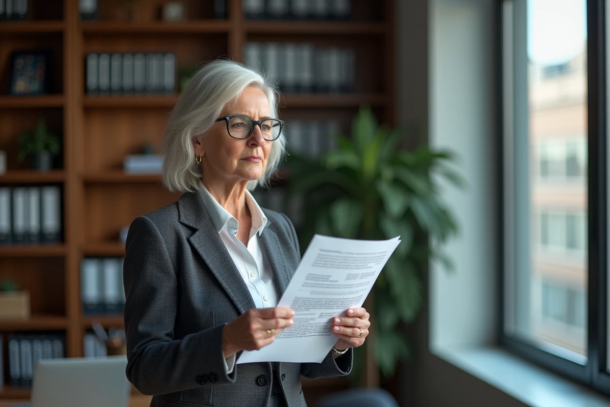 Dirigeante d'entreprise examinant un document de restructuration financière dans son bureau