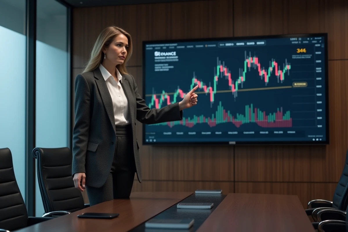 Dirigeante d'entreprise présentant des données réglementaires et l'avenir de Binance lors d'une réunion d'affaires
