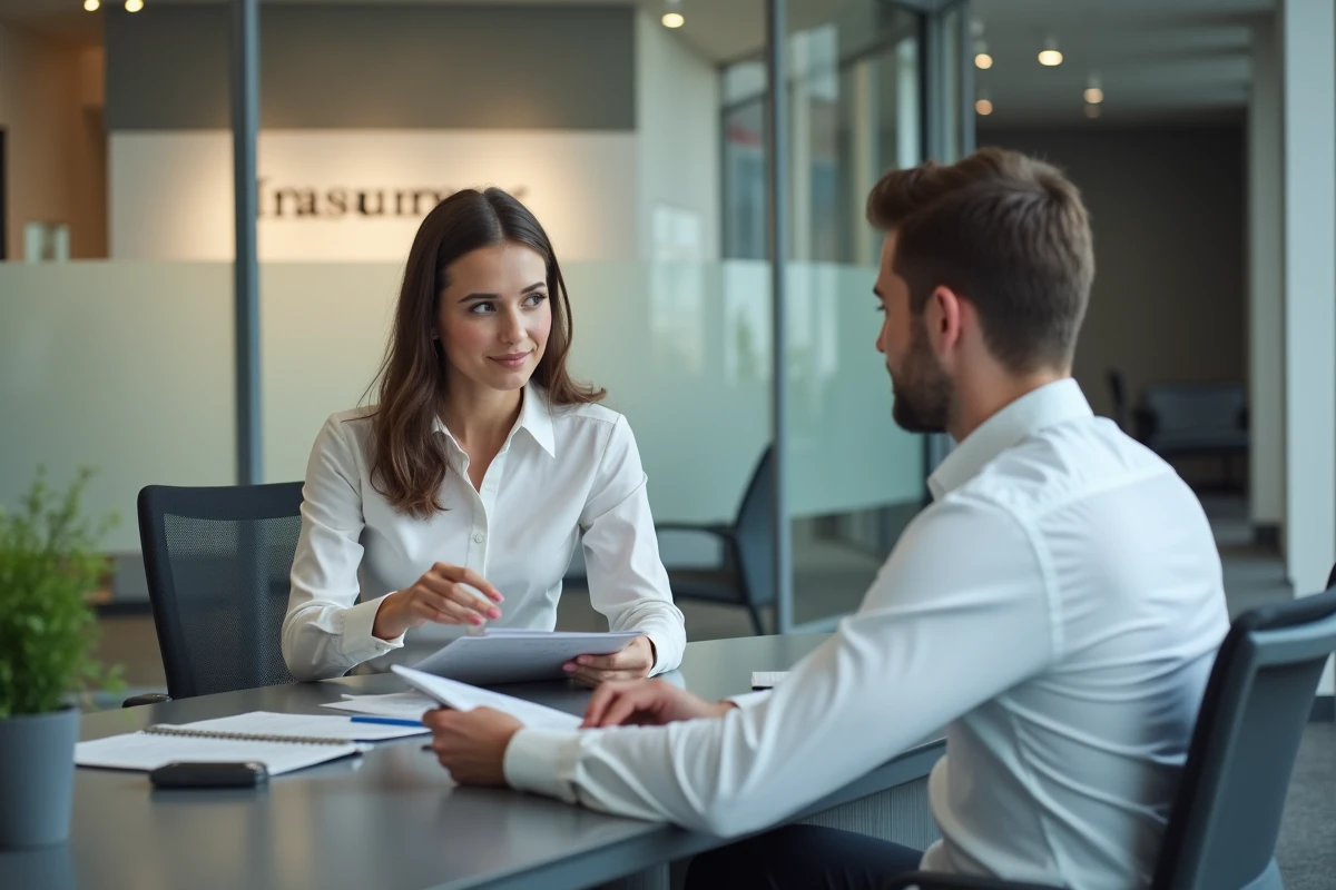 Jeune femme discutant des conditions de résiliation de son contrat avec un conseiller en assurance, droits consommateurs loi Hamon